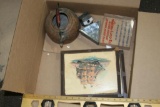 Box Of Miscellaneous Items, Vintage Teapot, Glass Hot Air Balloon, Sketch Prints on wood, etc.