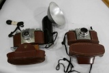 2 units Kodak Camera, Pony 1V (44mm) & Pony I 35 (51mm) , in leather case, 1 flash set. untested