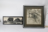 Framed Pencil Drawing of Bridge over Water and Etching of Cottage Next to River with Bridge on Stone