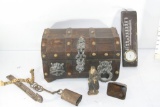 Antique Collections Wooden Chest, Small Wood Sculpture of a man, cast iron bells, thermometer etc.