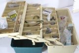 A PlanoTackle box filled with Fishing baits, hooks, sinkers etc. 18x9x10