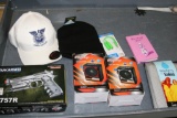 Box of Misc Items UKArms BB Airsoft Pistol, FM Radio,Poncho Cap, Beanie