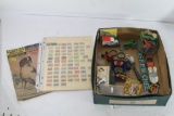 Misc Vintage Collections in box, Military Pins, Mauritius Stamps, small toy soldiers, cars , etc.