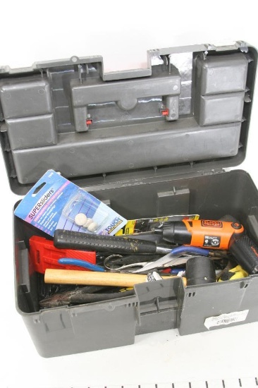 Tool Box with Misc handtools, Elec Drill w/ charger (Powers On), Hammer Screwdriver, Fliers, etc.