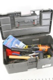 Tool Box with Misc handtools, Elec Drill w/ charger (Powers On), Hammer Screwdriver, Fliers, etc.