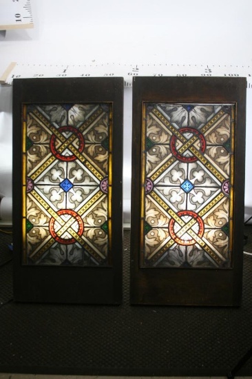 Stained Glass windows in wooden frame maybe 17th 16th century 36" x 18"