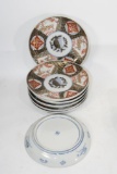 Asian Porcelain/Ceramic Plates Handpainted Trees, shapes & Symbols Design 7 units 8.5 inches.