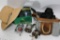 Fishing Tools, gears and accessories incl. pole belt straps, reels, metal caddy & weave hat 7 units