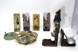 Assorted Decorative Ceramic porcelain wood metal pcs, golf book shelf soccer player statue 9 units