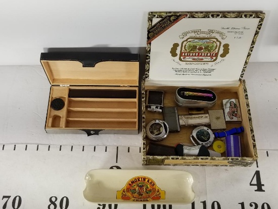 Arturo Fuente Cigar Box with Various Zippos, Lighters Black Cigar Case and Cigar Ash Tray