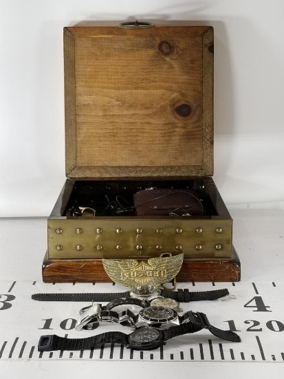 Wooden Box With Various Piece Of Jewlery- Relic Watch- Guess Watch- Rings-Wallet-Rings