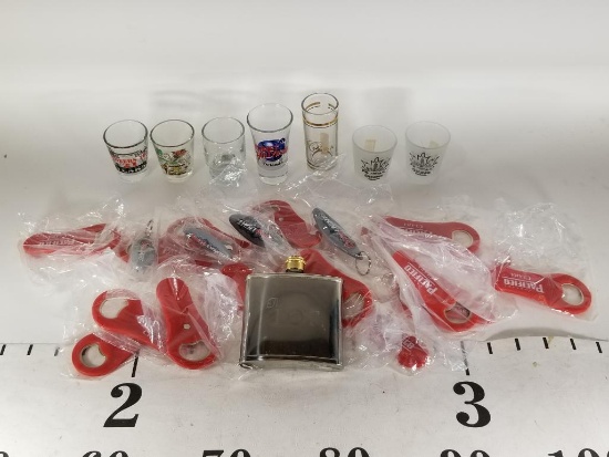 Shot Glasses 7 units- 1 Flask " The Lot"- Pacifico And Coors Lights Bottle Openers