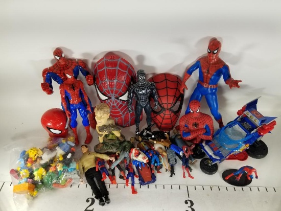 Box of SpiderMan Toys Of Various Sizes- Simpsons Burger King Toys- Austin Powers Figurines