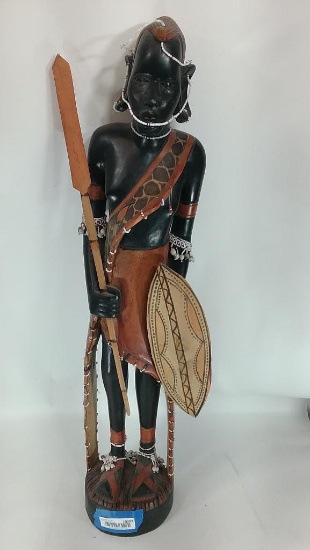 African Figure Unsigned Carved Wooden Warrior 3ft Tall