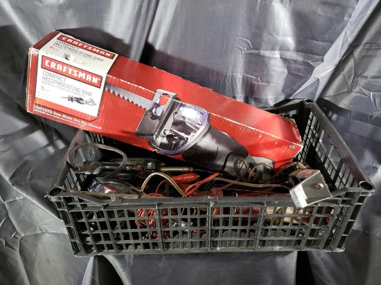 Crate of Tools - Reciprocating Saw(Like New, Turns On), Caulk Gun, Weller Soldering Gun, Light, Rasp