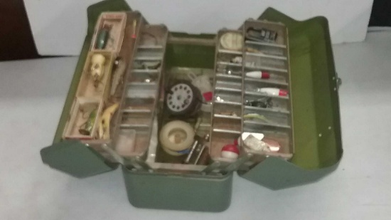 Green Metal Fishing Tackle box with contents