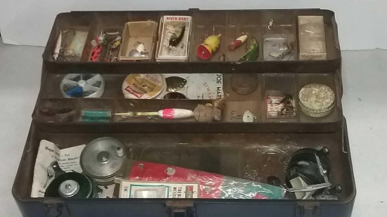 Blue Metal Fishing Tackle box with contents