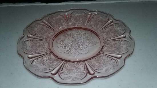 Six sets of Pink Glass Sherberts with matching plates, Pink Depression Glass Serving plate