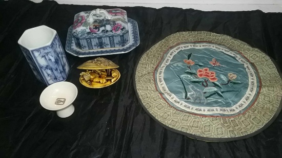 Five Asian Items, Table pad, Pencil Jar, Butter Dish, Saki Cup, & Shell look Decoration