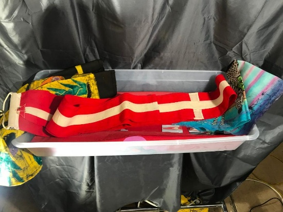 box of misc. items- Military ship parade flag, tapestries.