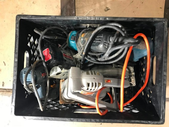 crate of- Craftsmen Bosch skill saw, 2 jig saws, circular saw and sander