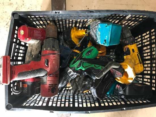 crate of various batteries , chargers,and drills- Ryobi, Delwat, MIlwakee, Craftsman- power on