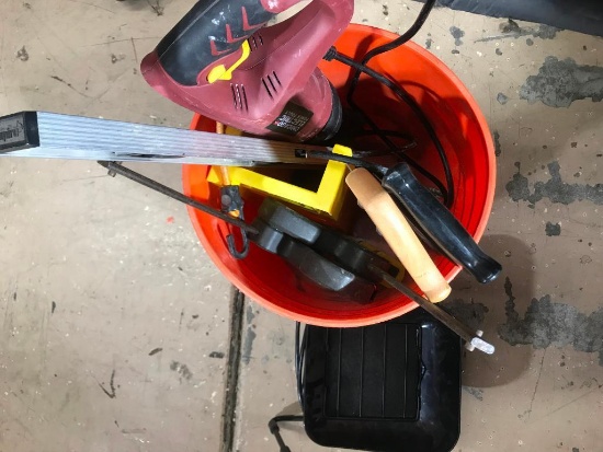bucket with power and hand tools - 7 items total