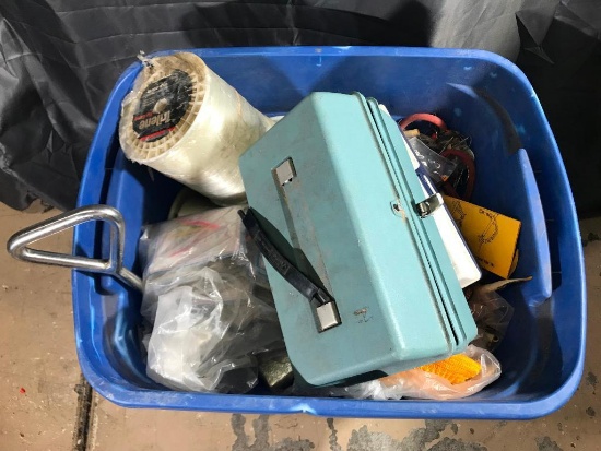entire tub of fishing supplies-tackle boxes, hooks, lures, bait, and line