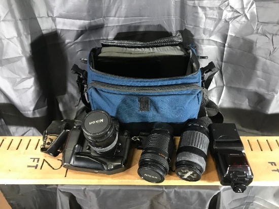 bag of photography items- Nikon MB21,speelight sb-42 s flash,70-210 lens,Tamron 90-300 lens