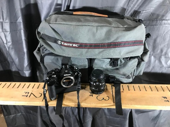 photography bag- AF MICRO nikkor 55 mm 1:2.8 lens, MD12 body, 2 leather camera cases- all NIKON