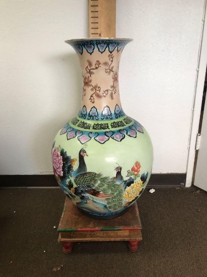 Large Porcelain Vase Painted Wood Base