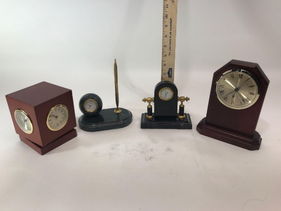 Desk Clock Wood Marble Pen Holder Benchmark