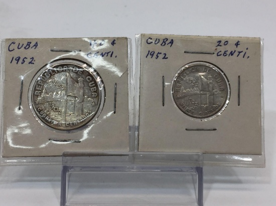 1952 Cuba Silver 40 Centavo & 20 Centavo - 50th Year of the Republic 2 Coin Set