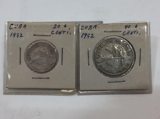 1952 Cuba Silver 40 Centavo & 20 Centavo - 50th Year of the Republic 2 Coin Set