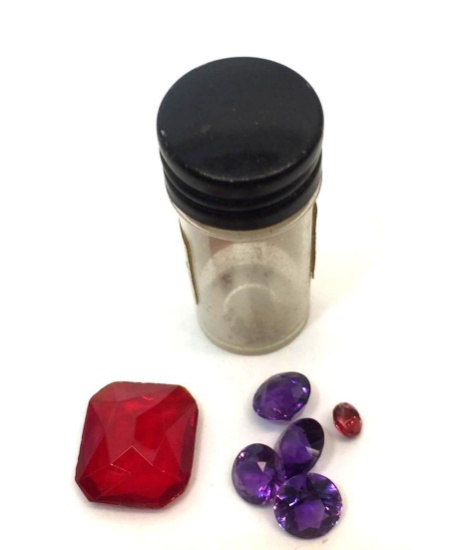 4 Cut Amethyst Gemstones, 2 Unknown Cut Stones, Gold Dust in Asian Container