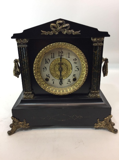 E. Ingraham Co. Victorian Mantle Clock - Ebonized cabinet w/ Guilded Trim
