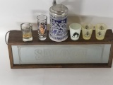 Saloon Wooden and Glass Sign 18in Length 6In tall - Stein and Various Shot Glasses