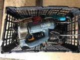 crate of various tools- 2 jig saws, 1 drill, sander-BOSCH, MAKITA, CRAFTSMAN