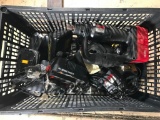 crate of various charges and batteries- Dewalt, Makita- tested power on