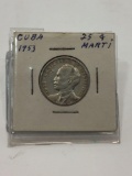 1953 Jose Marti Centennial Cuba Silver 25 Centavo