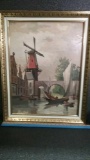 Oil/Acrylic Painting on Board Boats with Windmill