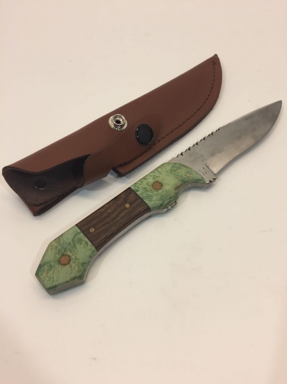 Stainless Steel Fixed Blade Knife w/ Wood/Stone Handle & Leather Sheath - Overall Length 8.75in,