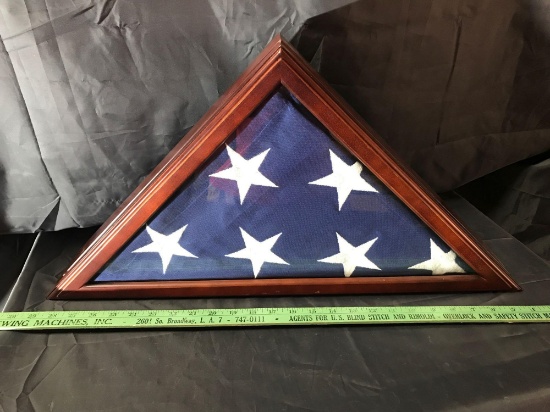 Cloth US Casket Flag in Wood and Glass Display Case