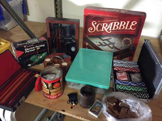 Assorted Game Equipment, Pool Cue, Poker Sets, Puzzles, etc