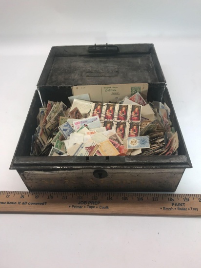 Metal Box Full of Vintage Stamps