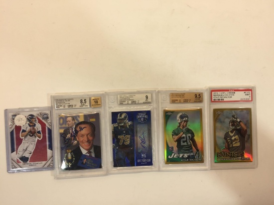 Lot of 5 NFL Cards - Signed Says Greg Robinson, Dick Stockton, Trevor Siemian, Marques Colston