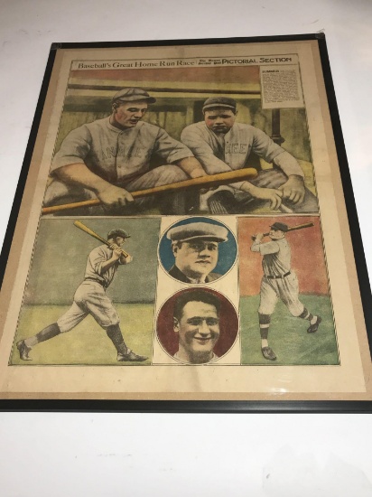 1927 Newspaper Babe Ruth Lou Gehrig Home Run Race Framed