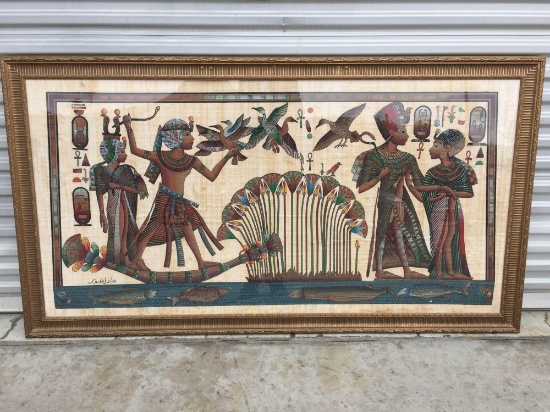 Framed Papyrus Artwork 3.5ft Tall 6.5 Wide - King Tut and Wife Crossing the Nile by Adel Ghabour