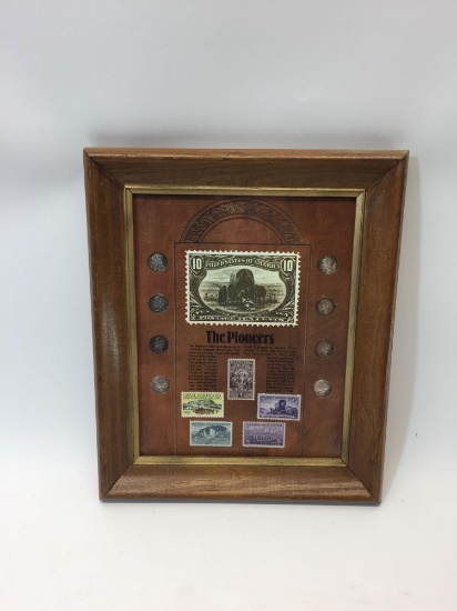Framed Collection of Mercury Dimes & Vintage Stamps 10x12.5in