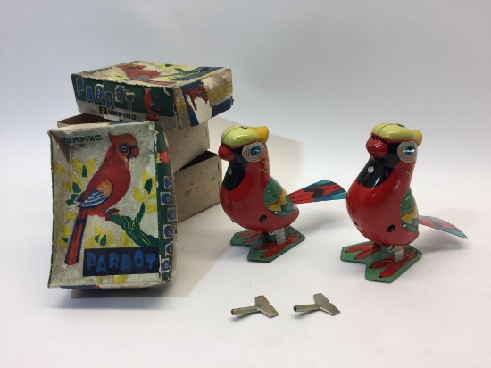 Set of 2 Vintage Wind-Up Jumping Parrot Metal Toys in Original Boxes